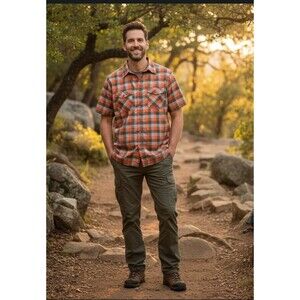 Merrell Shirt Mens Large Red Plaid Short Sleeve Optiwick UPF30+ Camp Outdoor